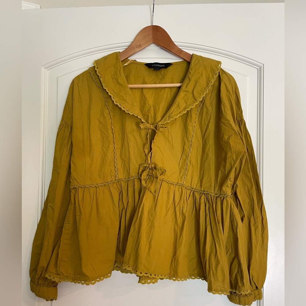 Calligraphie Mustard Yellow Cotton Peasant Blouse with Tie Front